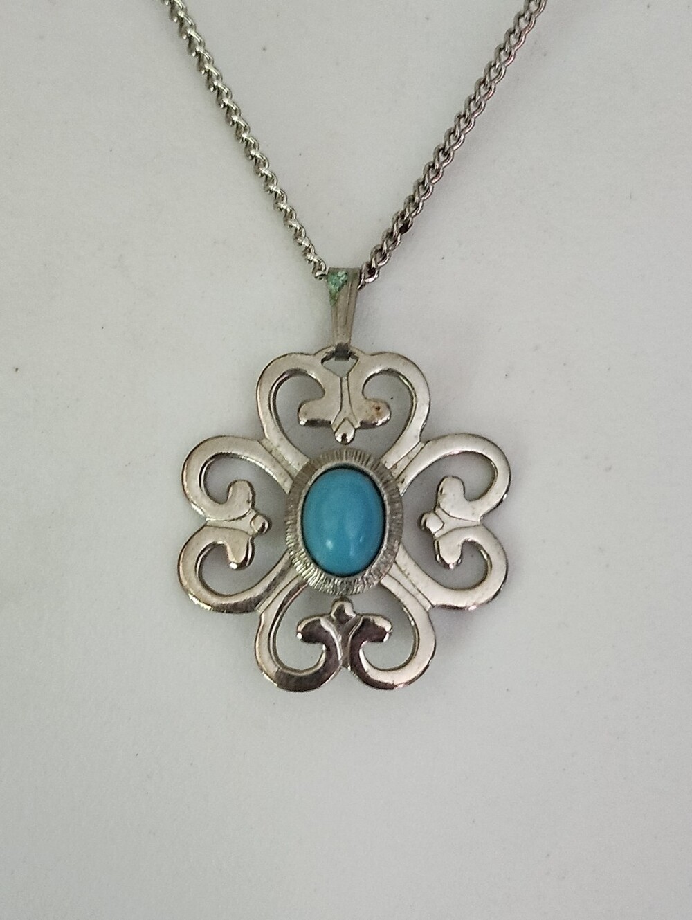 Vtg Sarah Coventry "Moon Cloud" Turquoise Accent Stone Silver Pendant Necklace